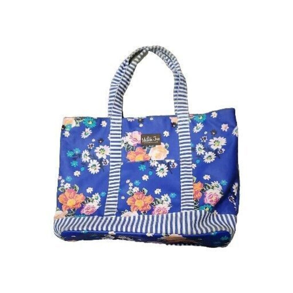 Matilda Jane Hello Lovely Blue Floral Striped Double Strapped Snap Tote Bag